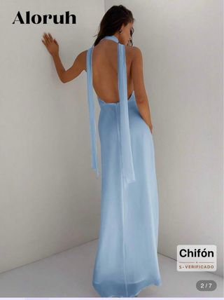 Vestido largo fiesta Aloruh celeste espalda abiert