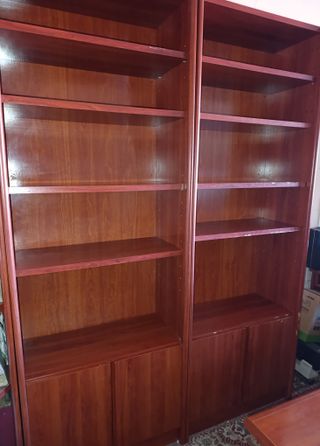 Mesa de despacho, estanterías de madera y gavetero