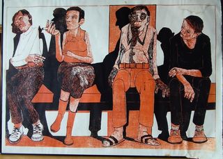 Scena di 4 persone sedute, xilografia. Wissman