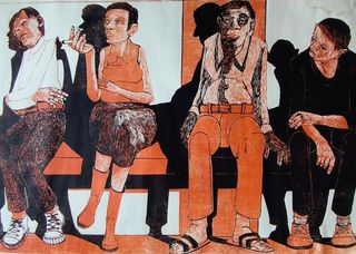 Scena di 4 persone sedute, xilografia. Wissman