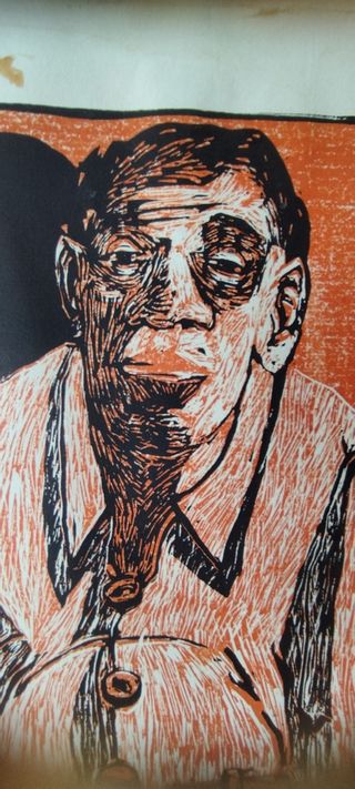 Scena di 4 persone sedute, xilografia. Wissman