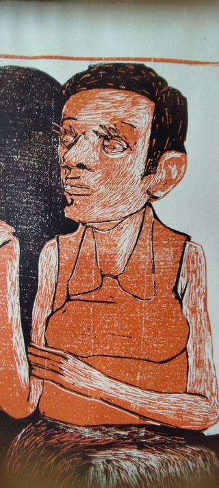 Scena di 4 persone sedute, xilografia. Wissman