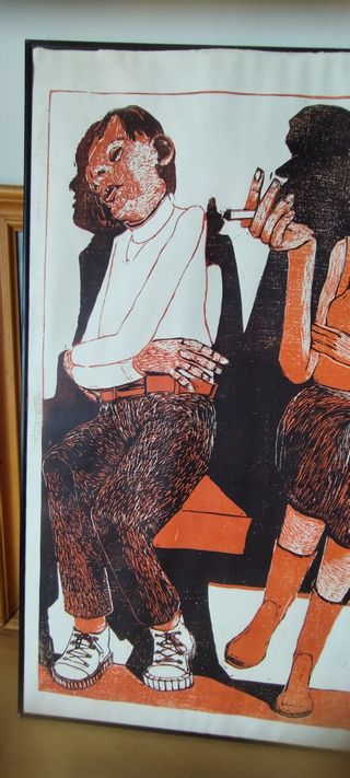 Scena di 4 persone sedute, xilografia. Wissman