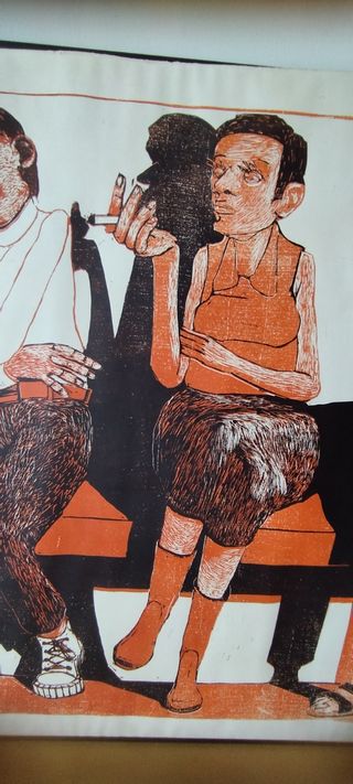 Scena di 4 persone sedute, xilografia. Wissman