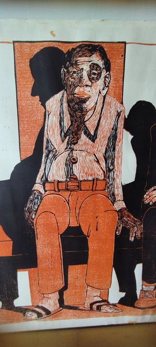 Scena di 4 persone sedute, xilografia. Wissman