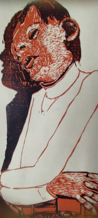 Scena di 4 persone sedute, xilografia. Wissman