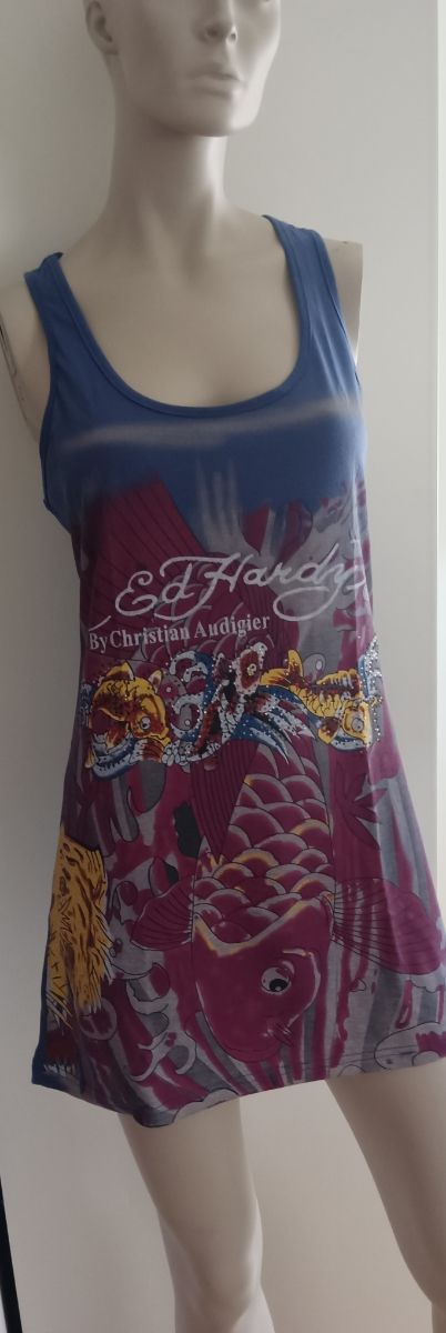 Camiseta Ed Hardy Estampada Azul y Morado