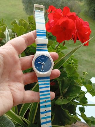 Orologio Swatch a righe blu e bianche
Pila scarica
