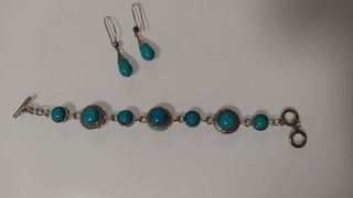 Conjunto Plata y Turquesa: Pulsera y Pendientes