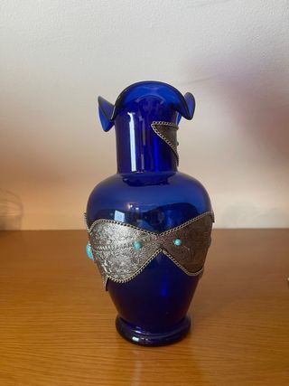 Jarrón Vintage Azul con Incrustaciones Plateadas