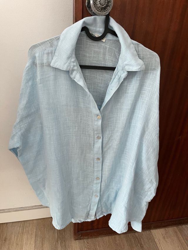 Camisa Manga Comprida Pull&Bear Branca e azul