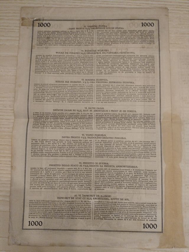 Obbligazione di Stato Austria 1000 Kronen 1917