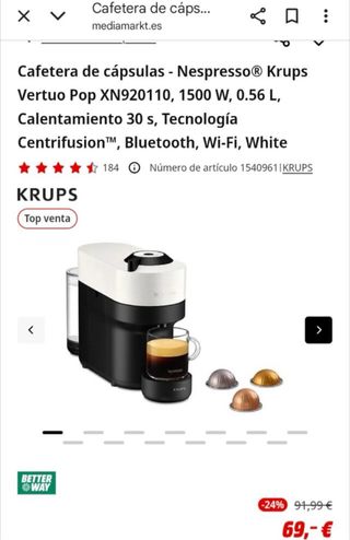 Cafetera Nespresso Krups Vertuo Pop Blanca