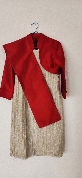 Traje de fiesta beige y rojo Talla 40