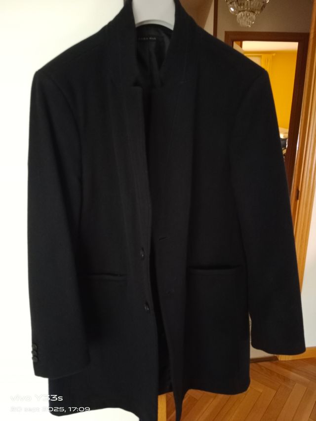 Abrigo Lana Hombre Cuello Mao Negro