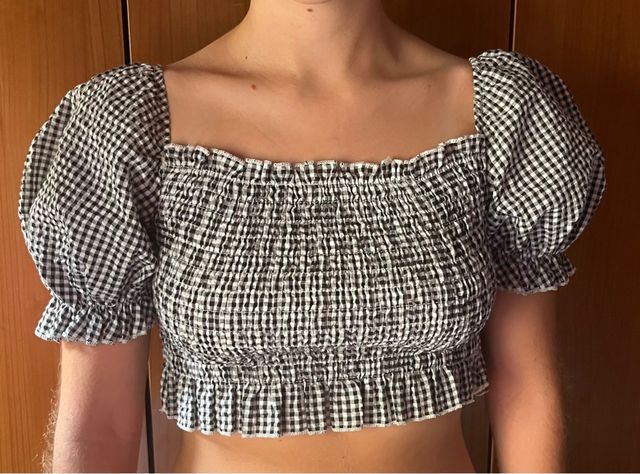 Top Vichy Negro Mangas Abullonadas