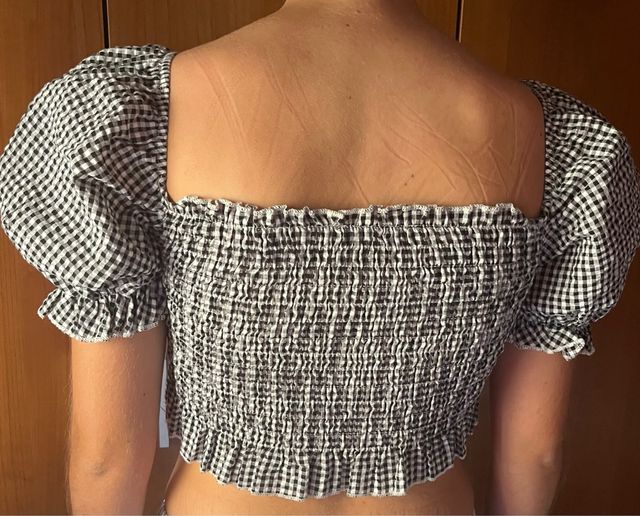 Top Vichy Negro Mangas Abullonadas