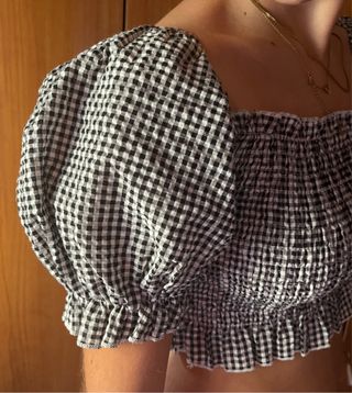 Top Vichy Negro Mangas Abullonadas