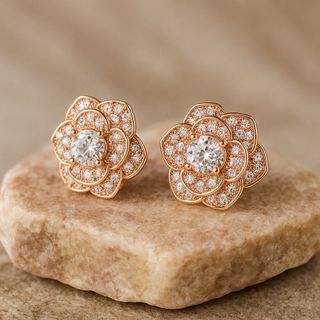 Pendientes Novia  Flor Oro Rosa y Diamantes
