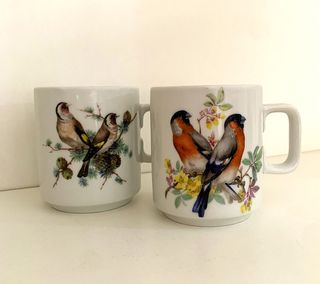 Par de tazas vintage de porcelana con pájaros
