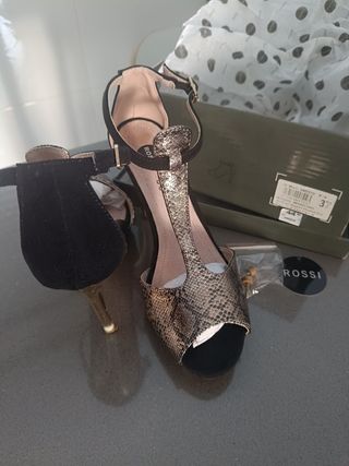 Sandalias Rossi Tacón Negro y Dorado Talla 37