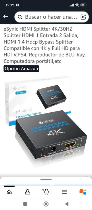 Splitter HDMI eSynic 1 Entrada 2 Salidas 4K