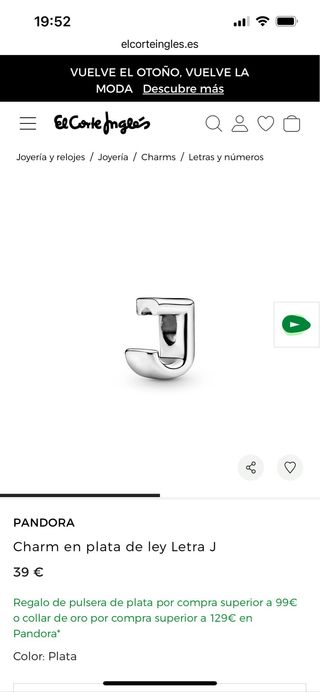 Charm Pandora Letra J Plata