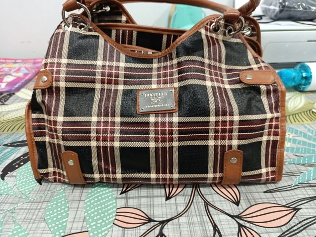 Bolso de mano cuadros marrón y multicolor