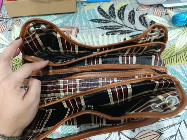 Bolso de mano cuadros marrón y multicolor