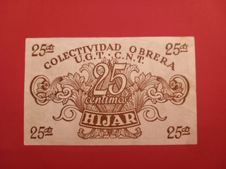 Billete local 25 céntimos Hijar UGT CNT