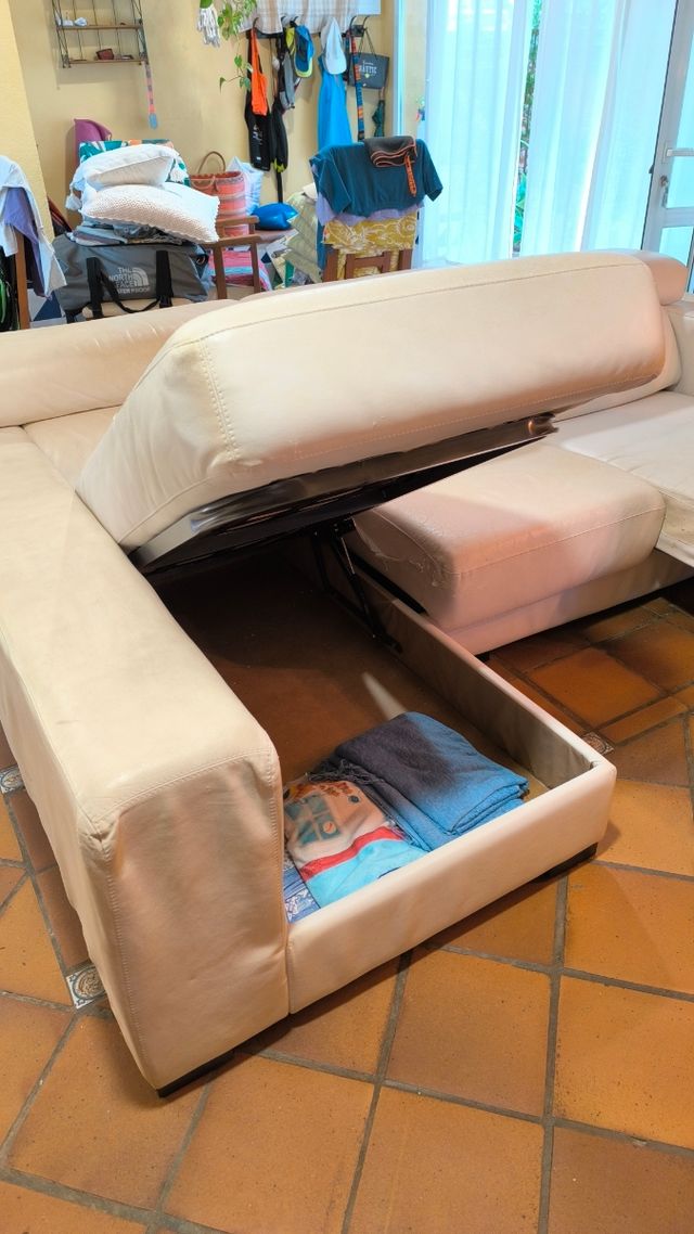 Sofá Cheslong con arcón extensible - Beige y Blanc