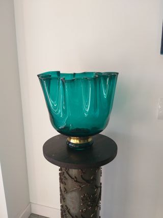 Grande vaso in vetro a ventaglio verde blu