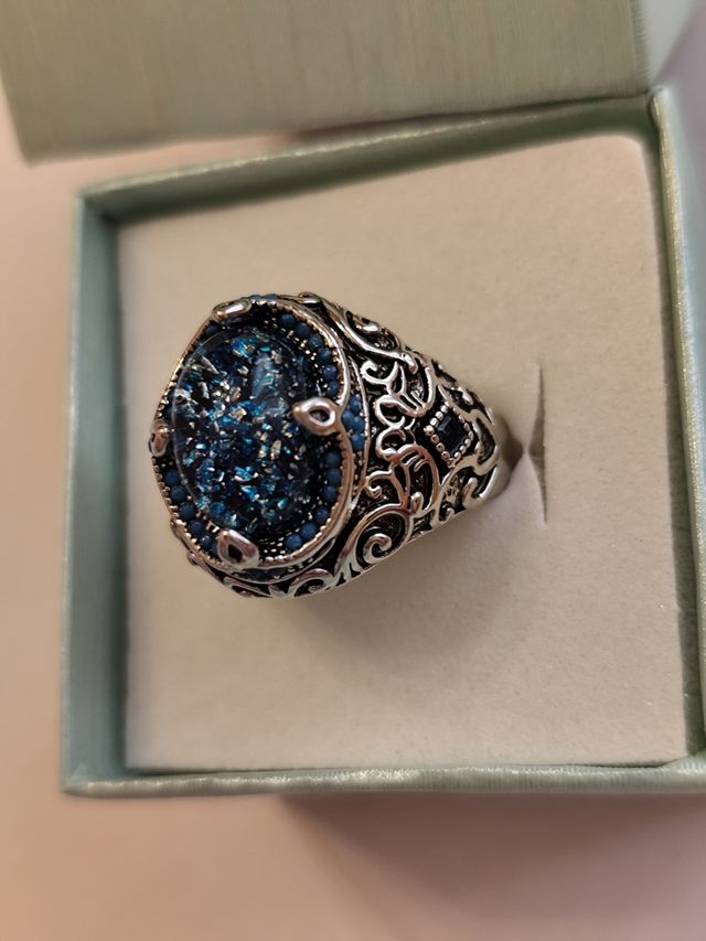 Anel Prata com Pedra Azul