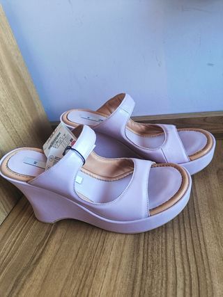 Sandalias Zara Cuña Piel Rosa Talla 38