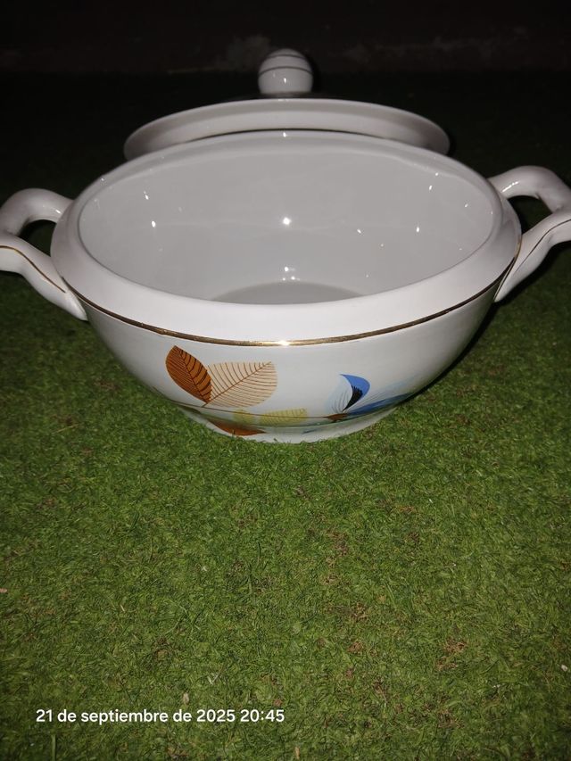 Sopera de porcelana con detalles dorados