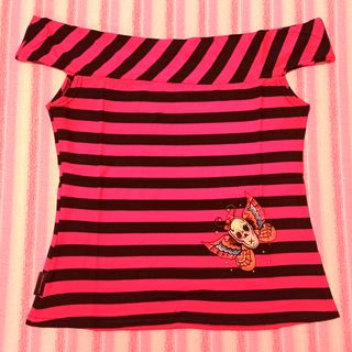 Darkside Clothing top rosa righe nere teschio M/L