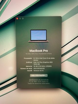 Macbook Pro 2017 13' TouchBar Plata 256GB RAM 16gb