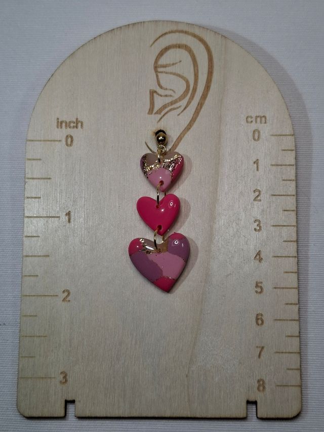 Pendientes Triple Corazón Rosa y Dorado