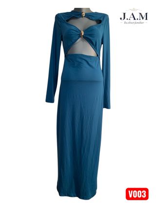 Vestido largo azul con escote