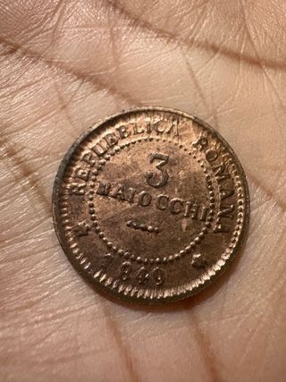 Moneda República Romana 3 Baiocchi 1849