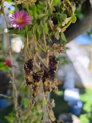 Pendientes de resina artesanos, rosas y pan de oro