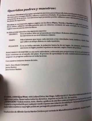 Libro Piano Bastien Técnica Nivel Elemental