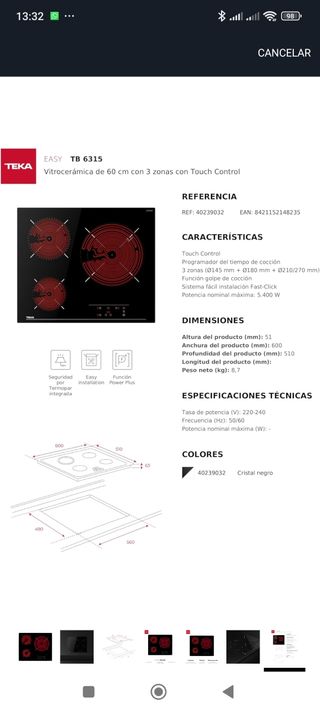 Placa Vitrocerámica Teka Tz6315 Táctil 3 Fuegos