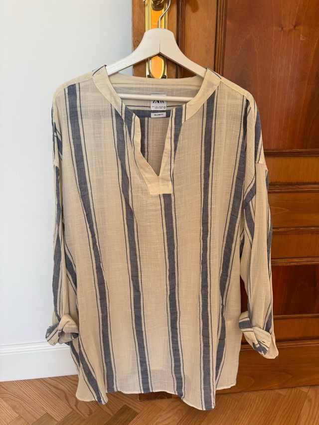 Camisa Zara Lino Rayas Beige y Azul