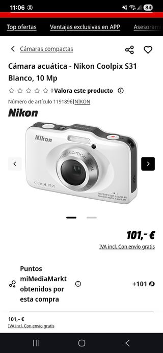 Cámara acuática Nikon Coolpix S31 Blanca