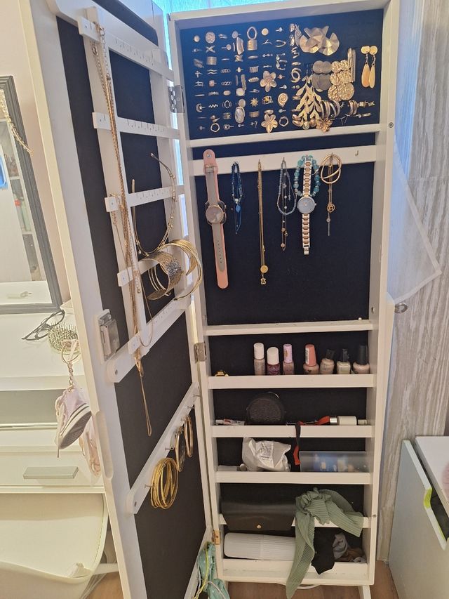 Mueble Joyero con Espejo Blanco y Dorado