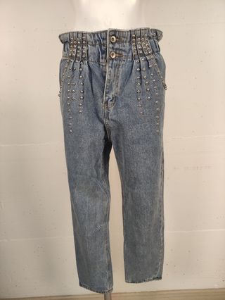 Jeans donna vita volant con borchie