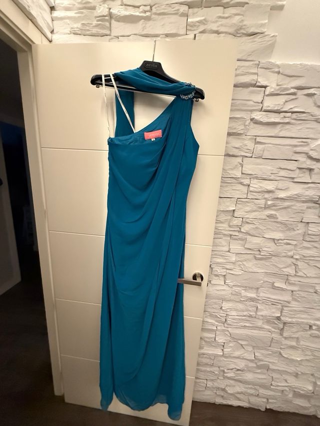 Vestido de fiesta largo verde azulado