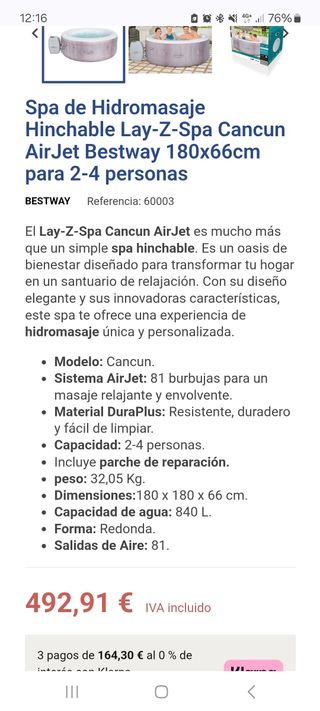 Jacuzzi Hinchable Lay-Z-Spa Bestway, modelo Cancun