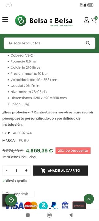 Compresor de aire Puska 5.5 HP 10 Bar